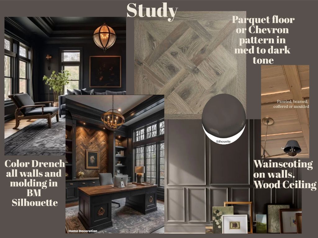 Study mood board: BM Silhouette color drench, parquet floors, wainscoting and wood ceiling